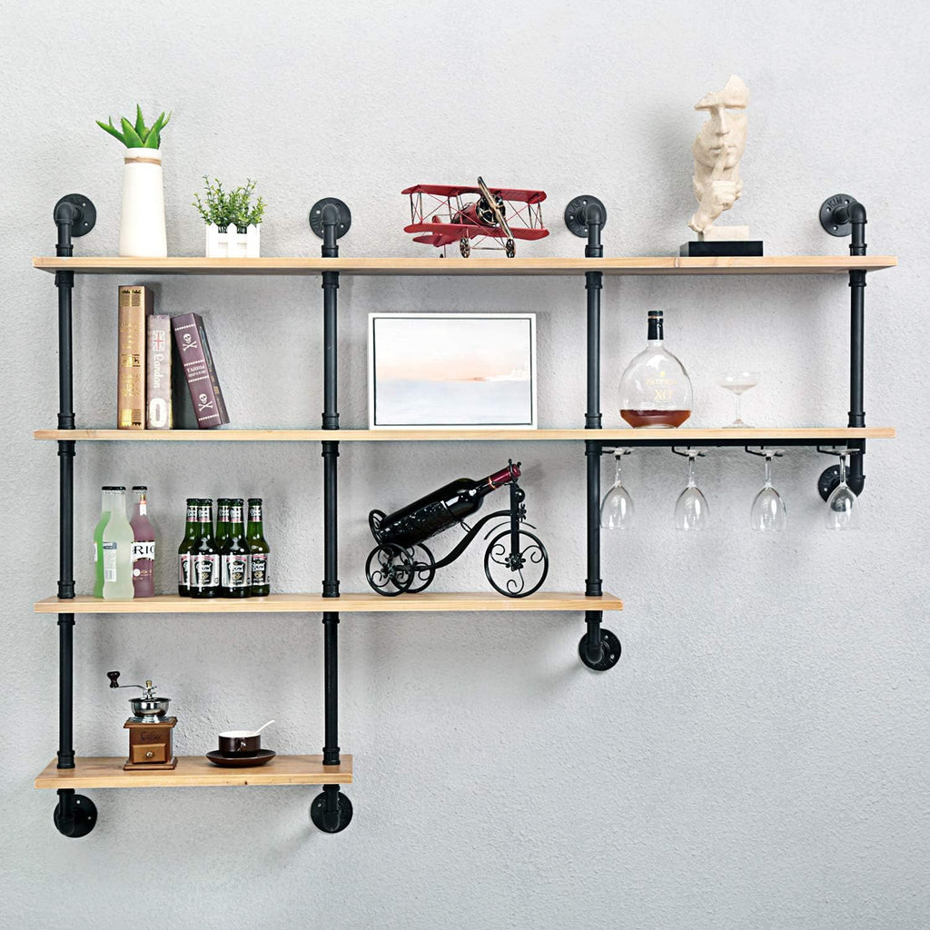 MBQQ 4-Tiers 63inch Industrial Pipe Shelving,Rustic Wooden&Metal Floating Shelves,Home Decor Shelves Wall Mount with Wine Rack,Black