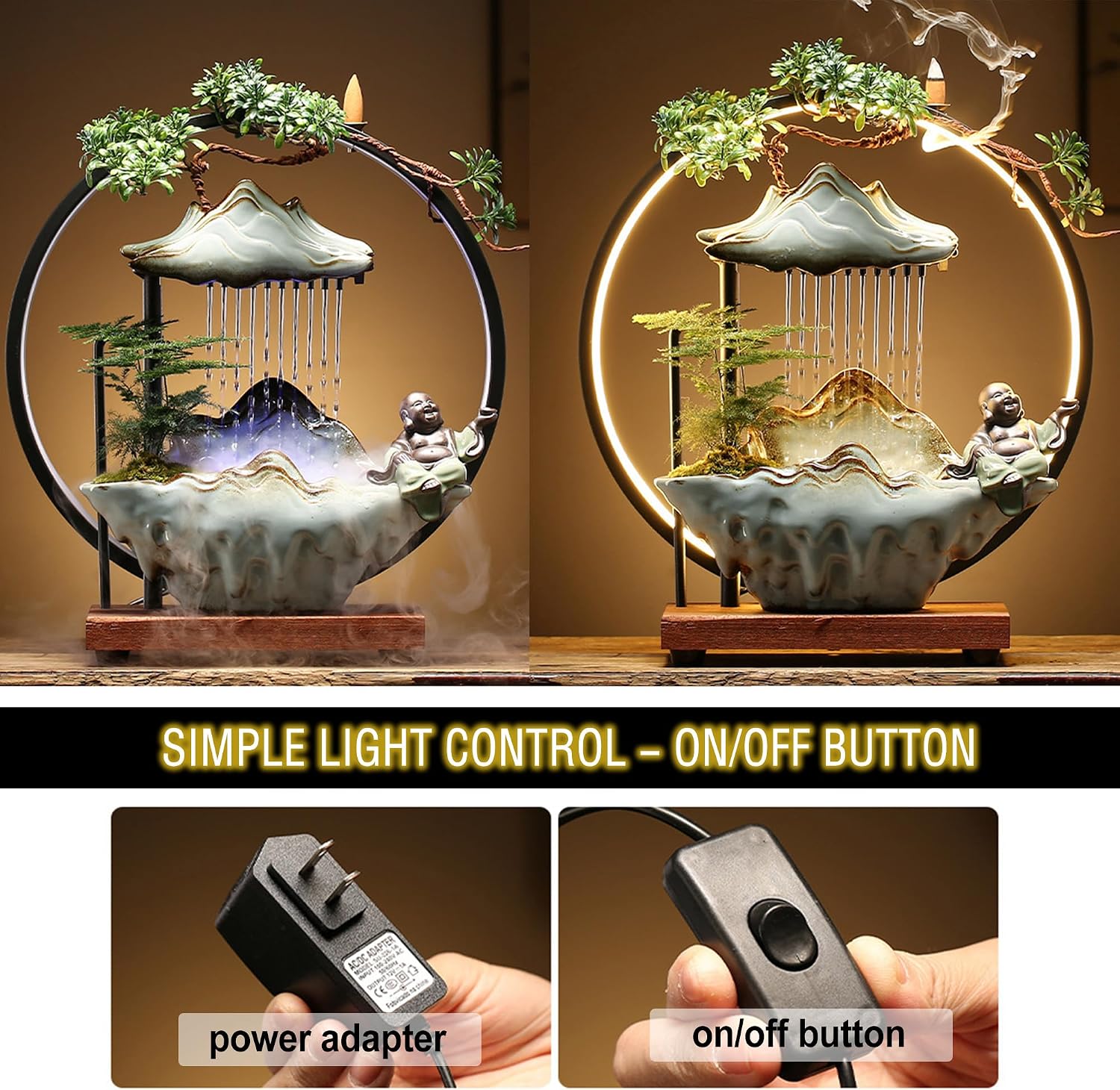 Ceramic Maitreya Buddha Incense Burner, Waterfall Lotus LED Light Ring Backflow Aromatherapy Ornament, with Incense Cones for Home Office Decor for Relaxation Yoga Gift (Buddha-3)