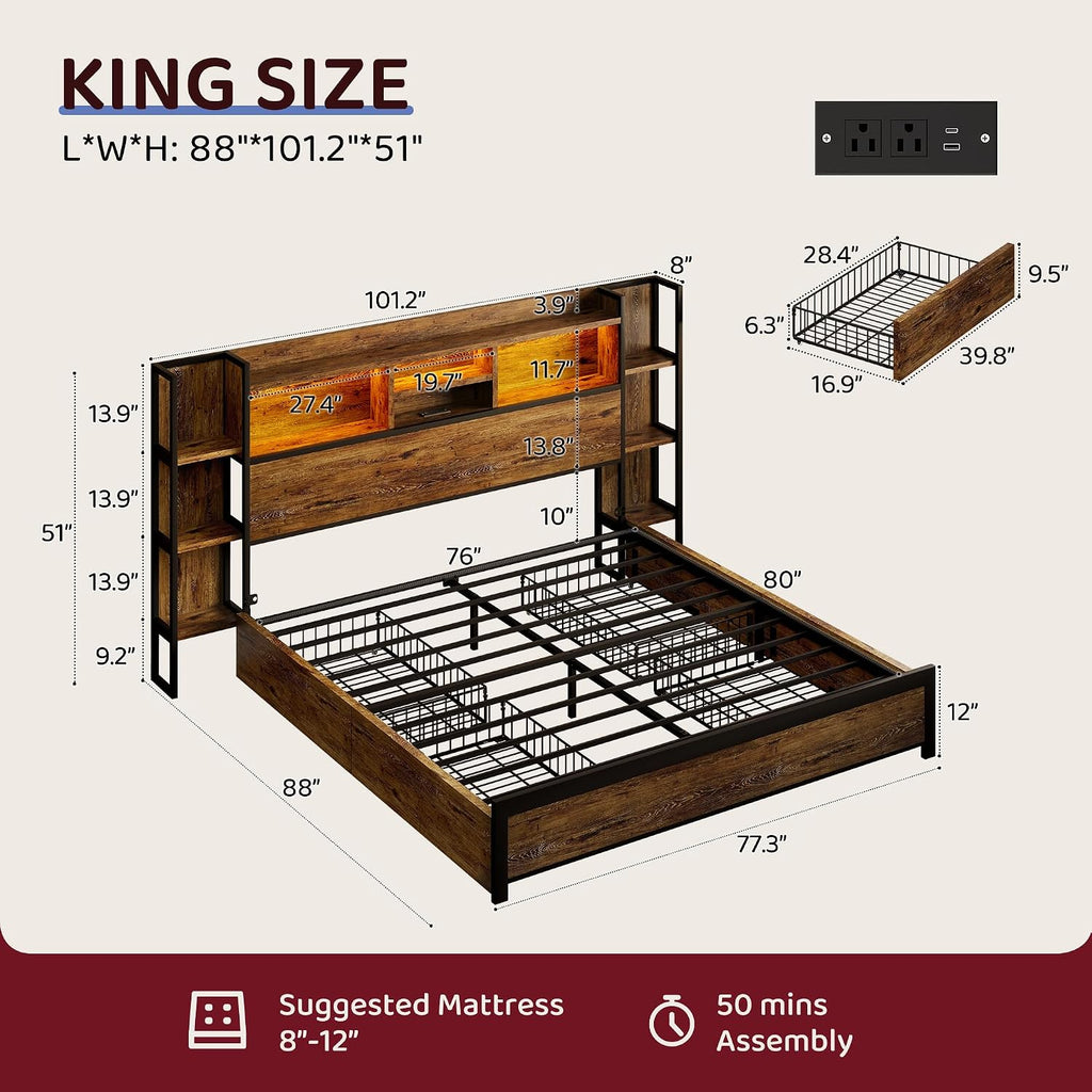 BRELTAM King Size Bed Frame with 4 Storage Drawers and Headboard Featuring Shelf Storage, Wooden Platform Bed Frame with LED Lights and Charging Station, Easy Assembly/No Box Spring Needed/Brown