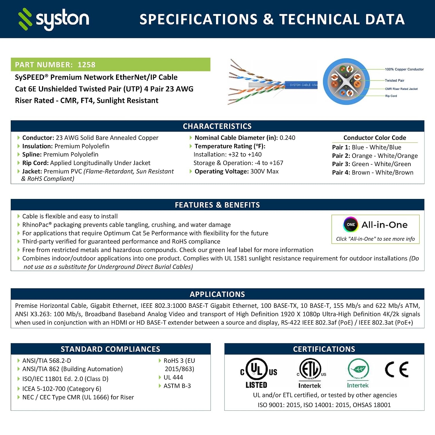 Syston Cable Technology Cat6e Ethernet Internet Cable - 500 FT，600MHz 23AWG Solid Bare Copper Wire Outdoor/Indoor Suit, No Ends 10 Ft to 1000 Ft Available, Heat Resistant Riser Rated - CMR