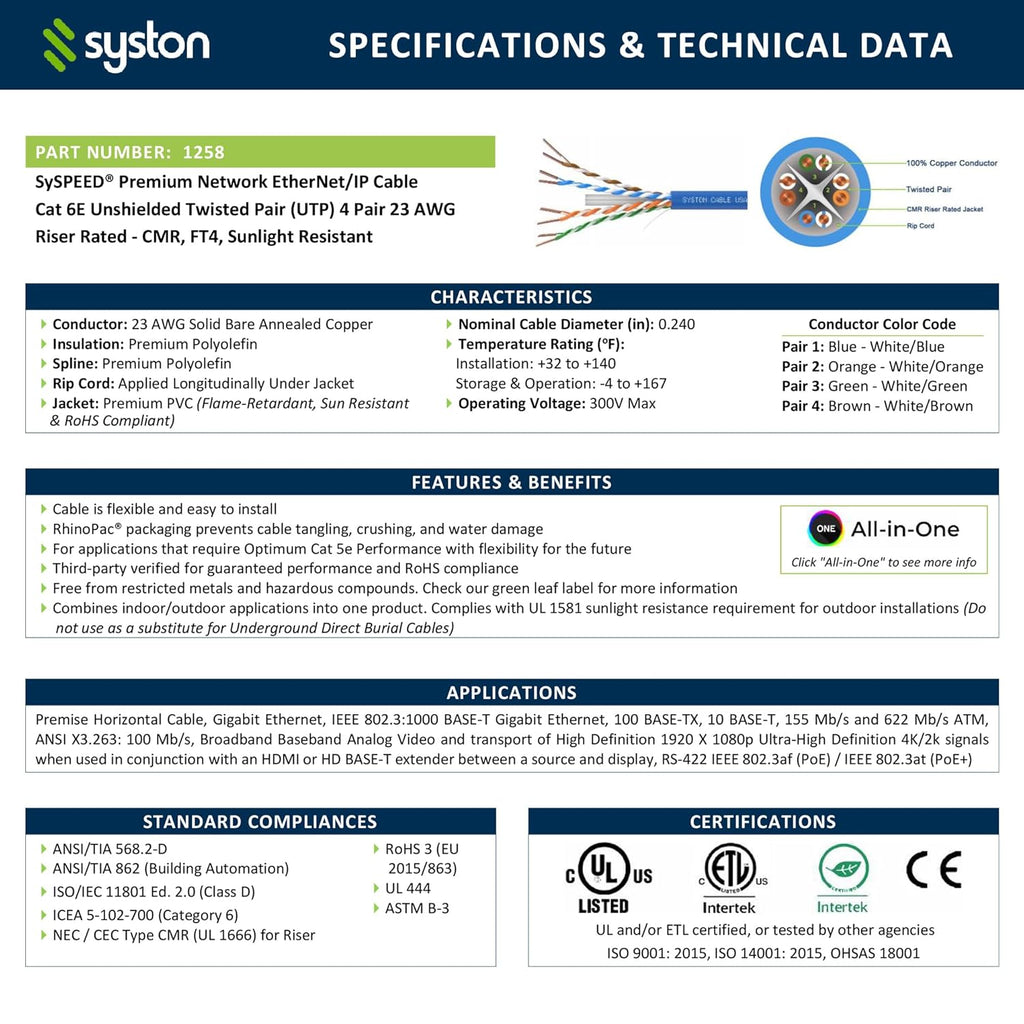Cat 6E Ethernet Network Cable - 1000 FT, 600MHz 23AWG Solid Bare Copper Wire Outdoor/Indoor, Bulk No Ends 10 Ft to 1000 Ft Available, Heat Resistant Riser Rated - CMR
