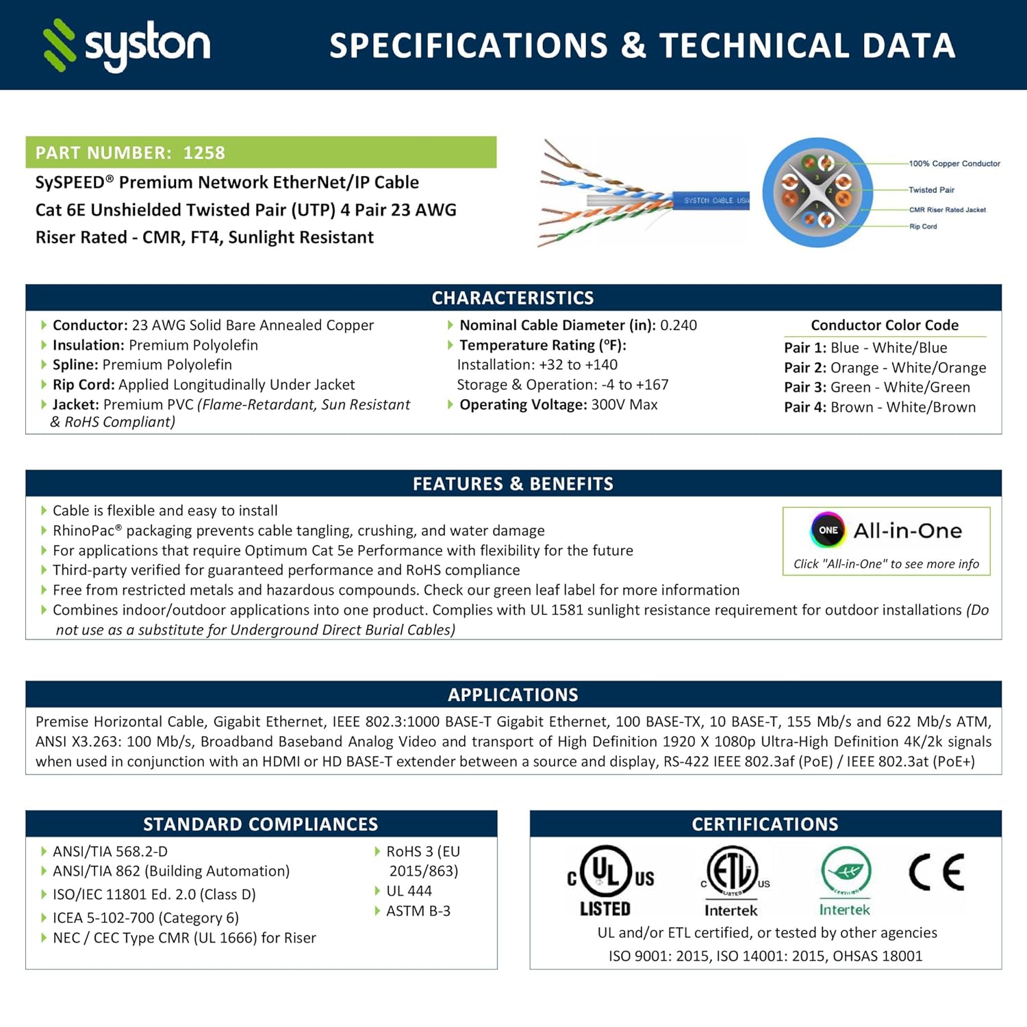 Cat 6E Ethernet Network Cable - 1000 FT, 600MHz 23AWG Solid Bare Copper Wire Outdoor/Indoor, Bulk No Ends 10 Ft to 1000 Ft Available, Heat Resistant Riser Rated - CMR
