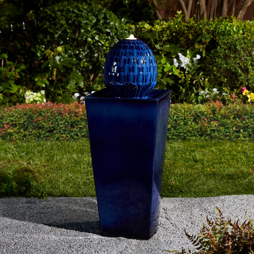 Glitzhome Ceramic Outdoor Water Fountain with LED Light, Oversized Artichoke Pedestal Water Fountains with Submersible Pump, Patio Fountain Waterfall for Garden Patio Deck Porch, Cobalt Blue, 35.75' H