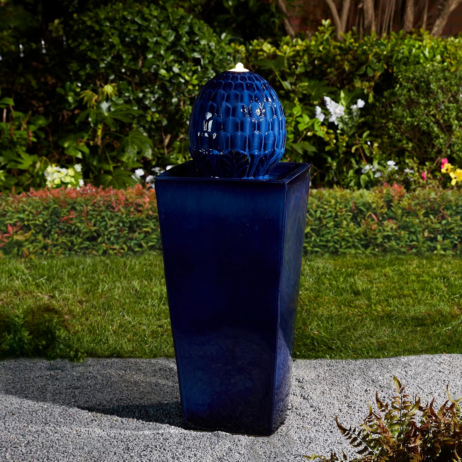 Glitzhome Ceramic Outdoor Water Fountain with LED Light, Oversized Artichoke Pedestal Water Fountains with Submersible Pump, Patio Fountain Waterfall for Garden Patio Deck Porch, Cobalt Blue, 35.75' H