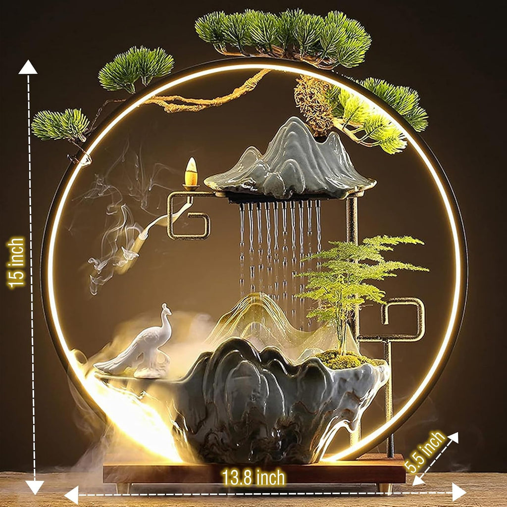 Ceramic Maitreya Buddha Incense Burner, Waterfall Lotus LED Light Ring Backflow Aromatherapy Ornament, with Incense Cones for Home Office Decor for Relaxation Yoga Gift (Peacock)