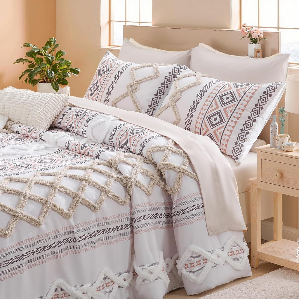 MOVE OVER Beige Tufted Comforter Set King Size 7 Pieces Boho Chic Farmhouse Bedding Set Bohemian Aztec Comforter Set and Sheet Set Modern Style Tufted Bedding Set for All Seasons