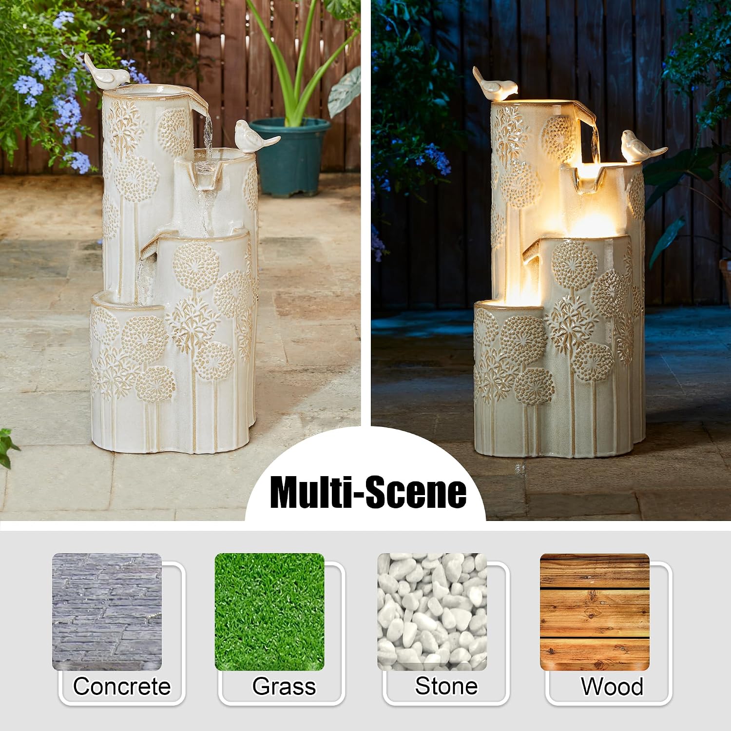 Glitzhome Water Fountain Outdoor with LED Lights, 4-Tier Vase Shaped Ceramic Outdoor Fountain, Dandelion Glaze Water Fountains Feature for Garden Backyard Patio, Sand Beige, 31.7'H
