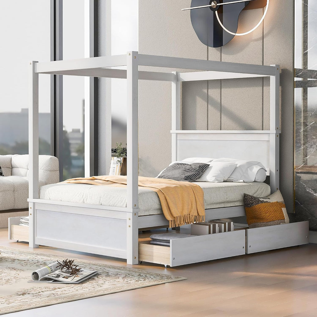 Harper & Bright Designs Wood Canopy Bed with Four Drawers,Full Size Canopy Platform Bed with Support Slats .No Box Spring Needed, Brushed White