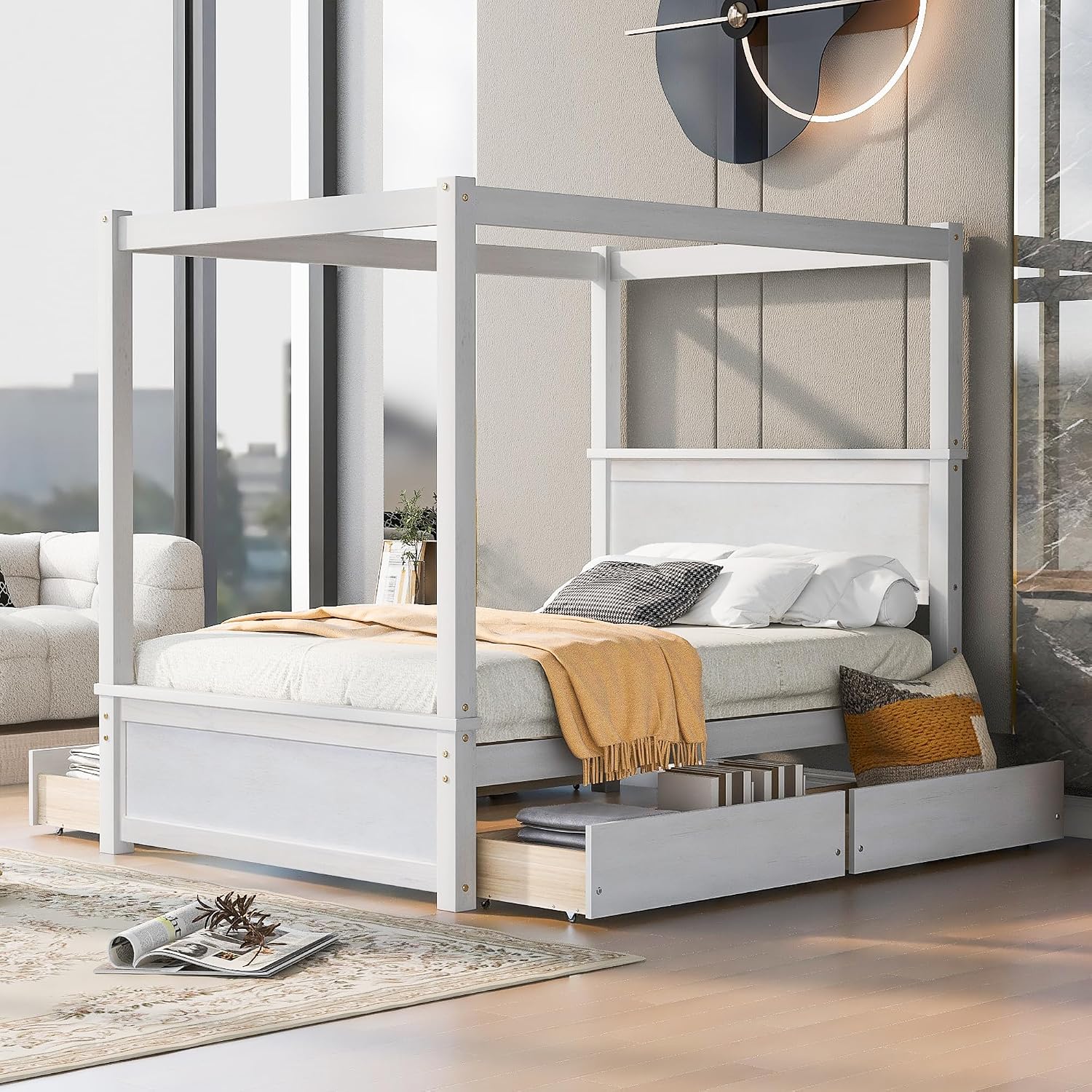 Harper & Bright Designs Wood Canopy Bed with Four Drawers,Full Size Canopy Platform Bed with Support Slats .No Box Spring Needed, Brushed White