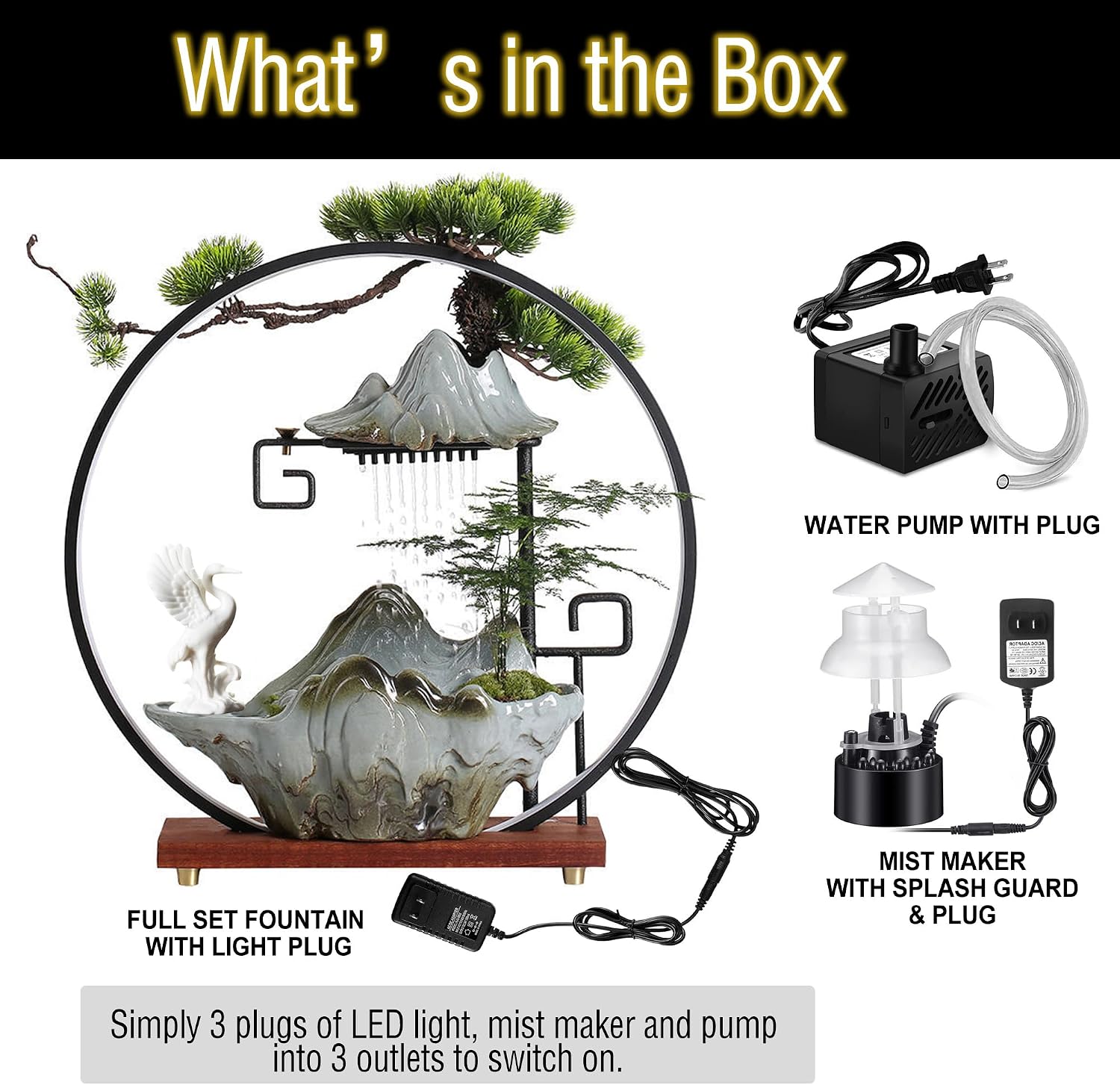 Crane Tabletop Fountain Indoor Waterfall Fountain Office Tabletop Water Fountain with Lights Backflow Incense Burner Ceramic Indoor Zen Decor for Home Office Yoga Meditation(Crane)