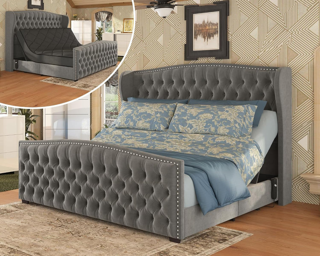 AMERLIFE 51' H Queen Size Adjustable Bed Frame with Velvet Upholstered and Deep Button Tufted Headboard, Electric Bed with Dual Motor/Nailhead Trim Wingback, No Box Spring Needed, Grey