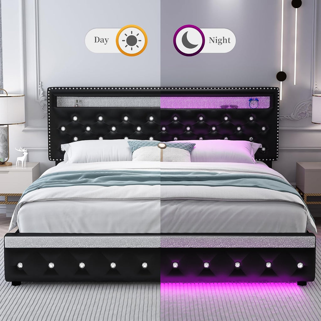 Sibeds King Led Bed Frame with 2 Drawers, Heavy Duty King Size Platform Bed with Storage, Upholstered Bed Frames with Adjustable Headboard, Solid Support, No Box Spring Needed, Easy Assembly, PU Black