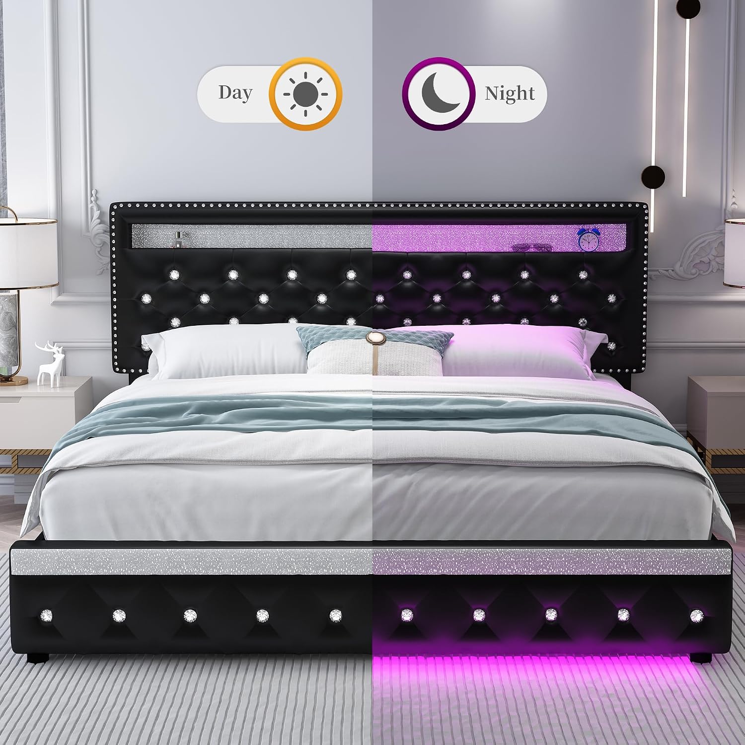 Sibeds King Led Bed Frame with 2 Drawers, Heavy Duty King Size Platform Bed with Storage, Upholstered Bed Frames with Adjustable Headboard, Solid Support, No Box Spring Needed, Easy Assembly, PU Black