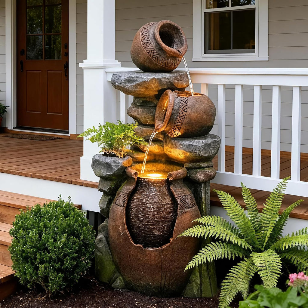 Bumilgar Outdoor Garden Water Fountain for Garden, Patio, Backyard, Deck, Porch and Home Art Decor, 3 Tiers Modern Cascading Outdoor Fountain with Lights 38.4' H