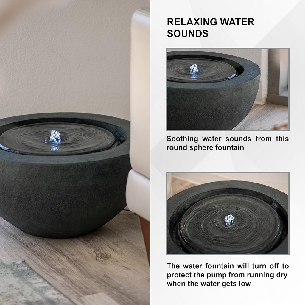 XBrand 19.8' W Round Sphere Water Fountain Indoor Outdoor with LED Light, Polyresin Bubbler Feature for Patio Garden Yard Home Décor, Dark Green
