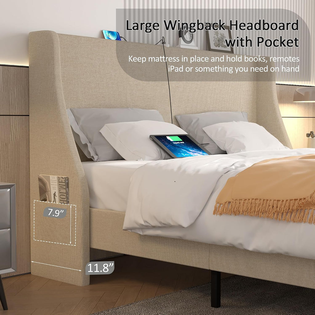 VECELO Queen Bed Frame with Upholstered Wingback Headboard, Heavy-Duty Platform Bedframe with Charging Station & Side Pockets, No Box Spring Needed, Beige
