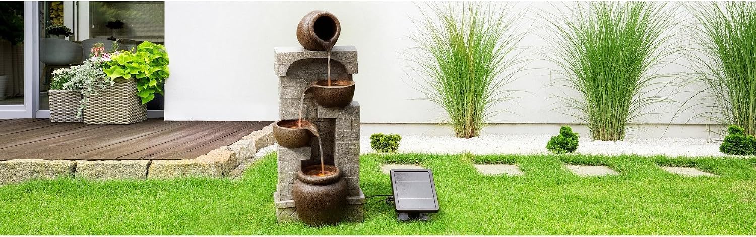 Teamson Home 28 in. Cascading Bowls and Stacked Stones LED Outdoor Water Fountain for Outdoor Living Spaces to Create a Calming Oasis in Gardens and Landscaping, on Patios, Balconies, Lawns, Brown
