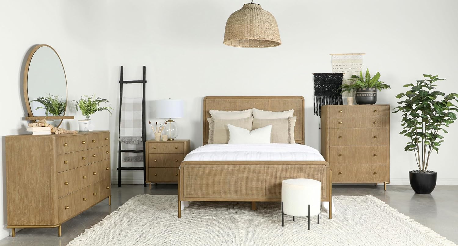 Coaster Home Furnishings Arini Coastal 4-Piece Bedroom Set Natural Cane Queen Size Panel Bed Frame 56-inch Headboard Sand Wash and Natural Cane 224300Q-S4