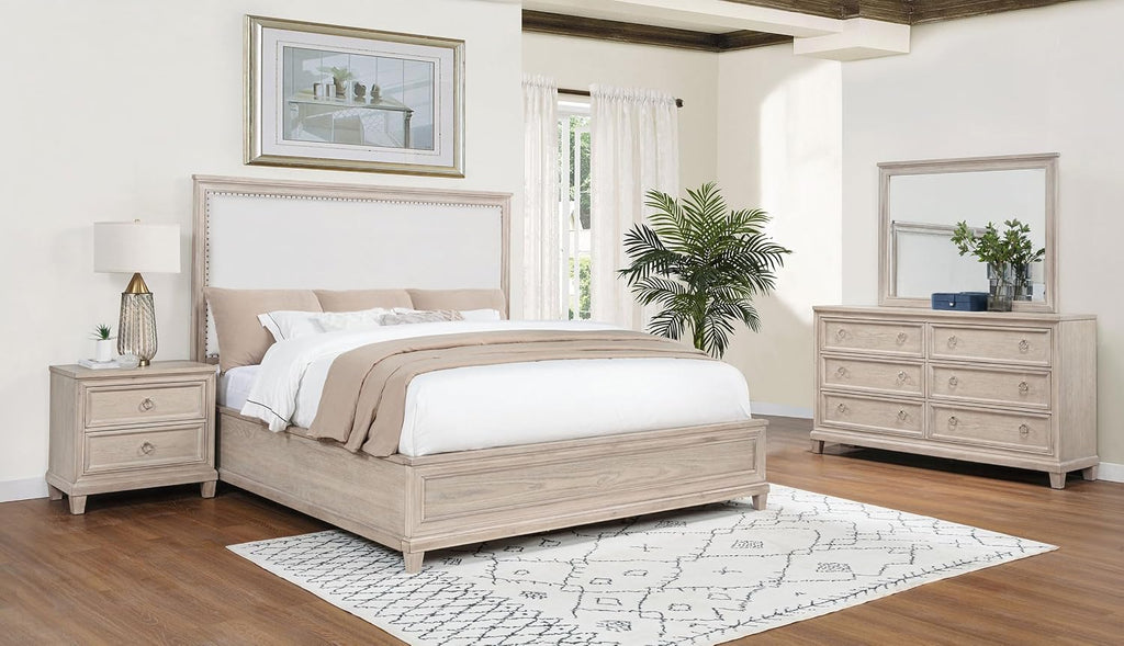 Coaster Home Furnishings - Pembroke - Wood - 4-Piece Bedroom Set with Molding Details, Nailhead Trim, Tapered Legs and Cable Access - Bedroom - California King Size - Washed Oak - 215921KW-S4