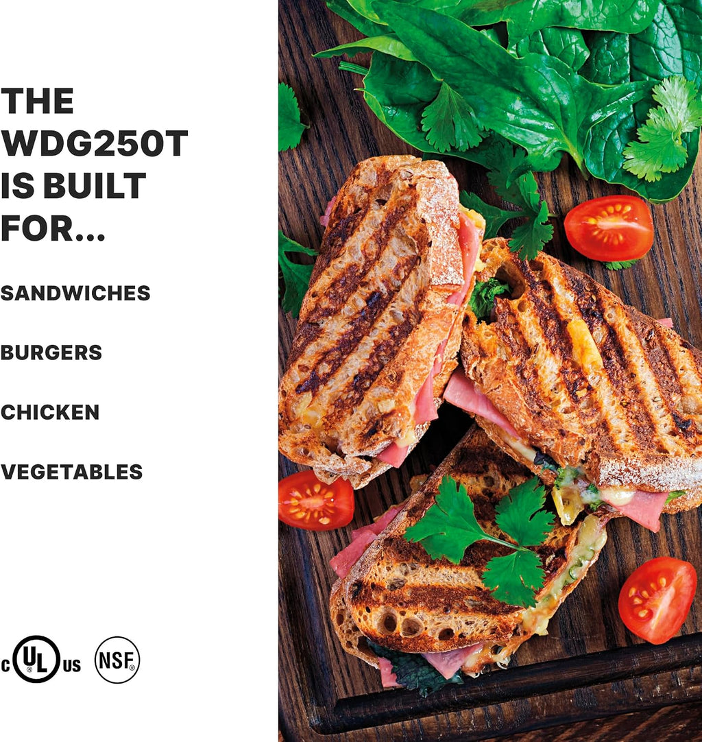 Waring Commercial Panini Press with Timer, Ribbed & Flat Cast Iron Plates, 14.5' x 11' Cooking Surface, 570°F Adjustable Thermostat, for Sandwiches up to 3' Thick, 120V, WDG250T
