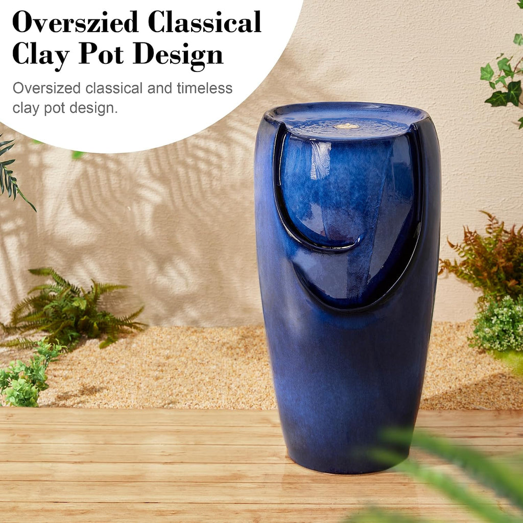Glitzhome Outdoor Water Fountain with LED Light, Oversized Ceramic Vase Water Fountains Outdoor, Tall Water Feature Backyard Fountain for Garden Patio, Cobalt Blue, 29.3'H