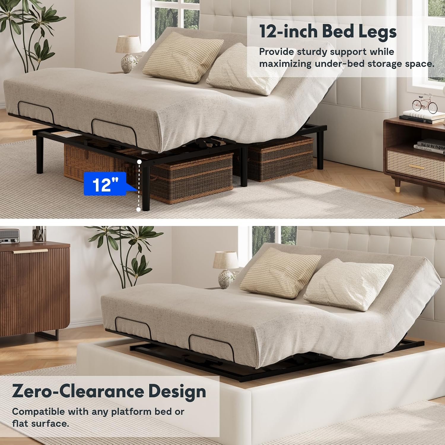 FLEXISPOT S3K-Lite King Size Adjustable Bed Frame Base, Zero Clearance, Independent Head & Foot Incline, Zero Gravity, Wireless Remote, 12'' Legs, Easy Assemble, 5-Year Warranty, 750 lbs.