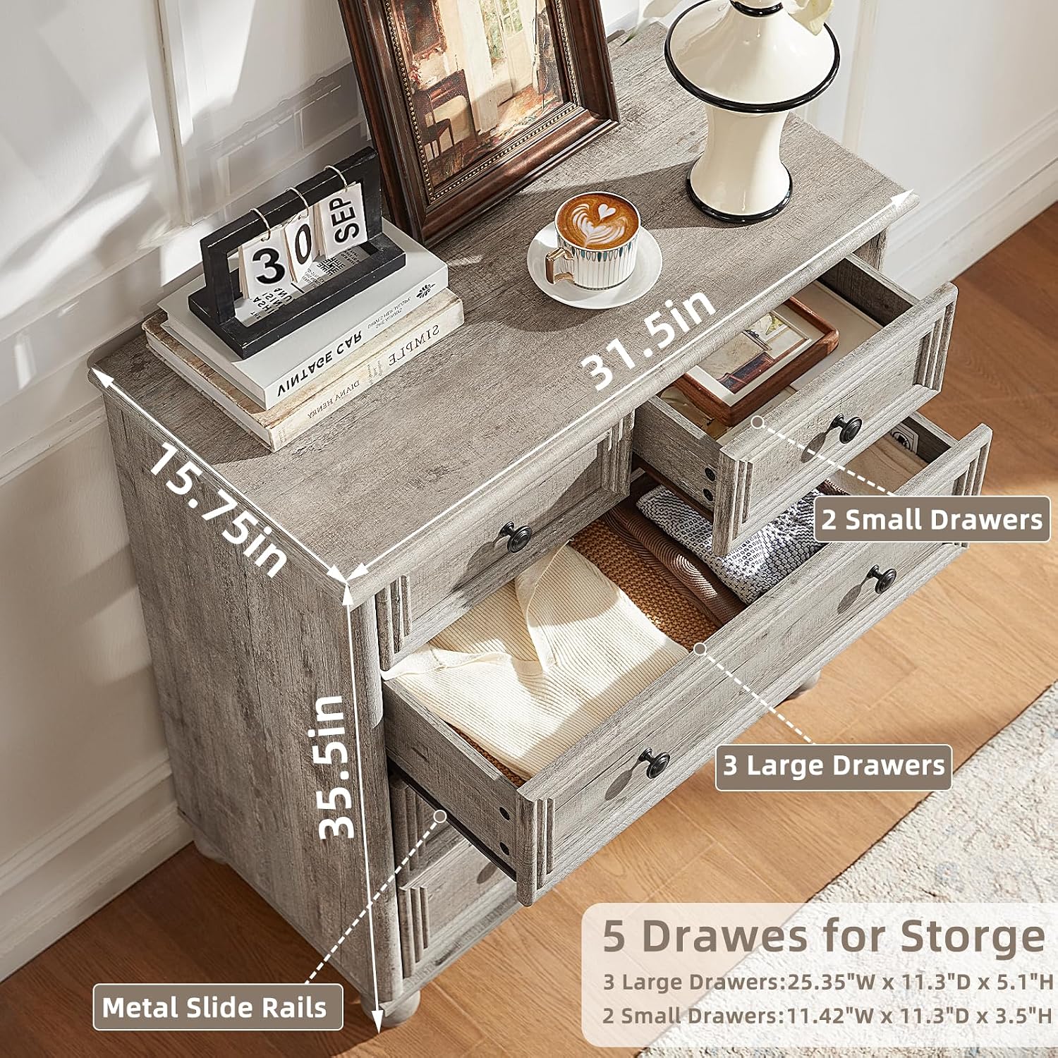 Farmhouse Dressers & Night Stand Set of 3, Wood 54' Wide Dresser & 35.5'Tall Chest of Drawers, 18' Roman Column Nightstand, Bedroom Furniture 7 Drawer Dresser Set for Bedroom Home Living Room Hallway