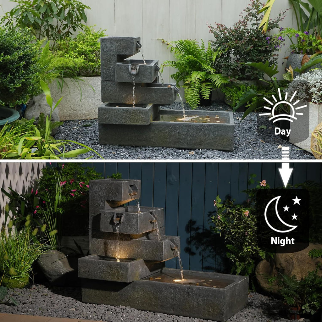 Sunlinua 26' H Outdoor Water Fountain with 4 Tiers Cascading Rock Texture Waterfall Fountains with LED Lights Outdoor Water Fountain for Garden Patio Backyard Porch Home Decor