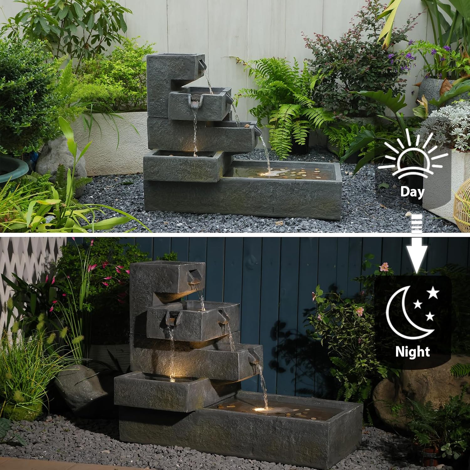 Sunlinua 26' H Outdoor Water Fountain with 4 Tiers Cascading Rock Texture Waterfall Fountains with LED Lights Outdoor Water Fountain for Garden Patio Backyard Porch Home Decor