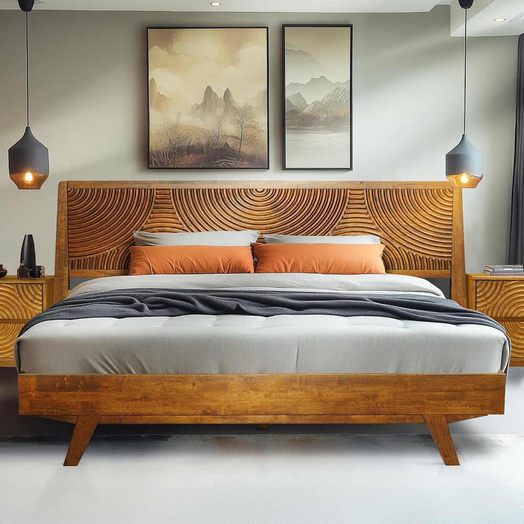 Acacia Harmony Queen Platform Bed Frame – Solid Rubber Wood, Caramel Finish, Mid-Century Modern Style, Distinctive Circular Grain, 800lbs Capacity, No Box Spring Needed, Easy Assembly