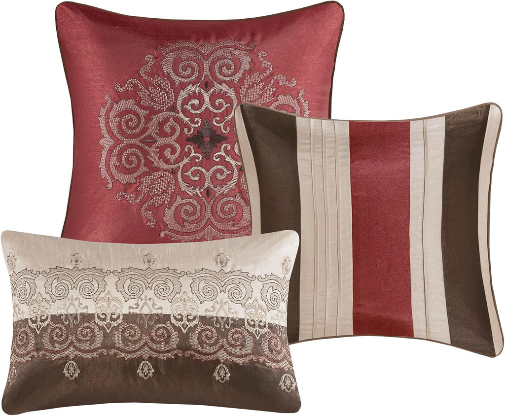 Madison Park Comforter Faux Silk-Traditional Luxurious Jacquard Design All Season Set, Matching Bed Skirt, Decorative Pillows, King(104'x92'), Red 7 Piece