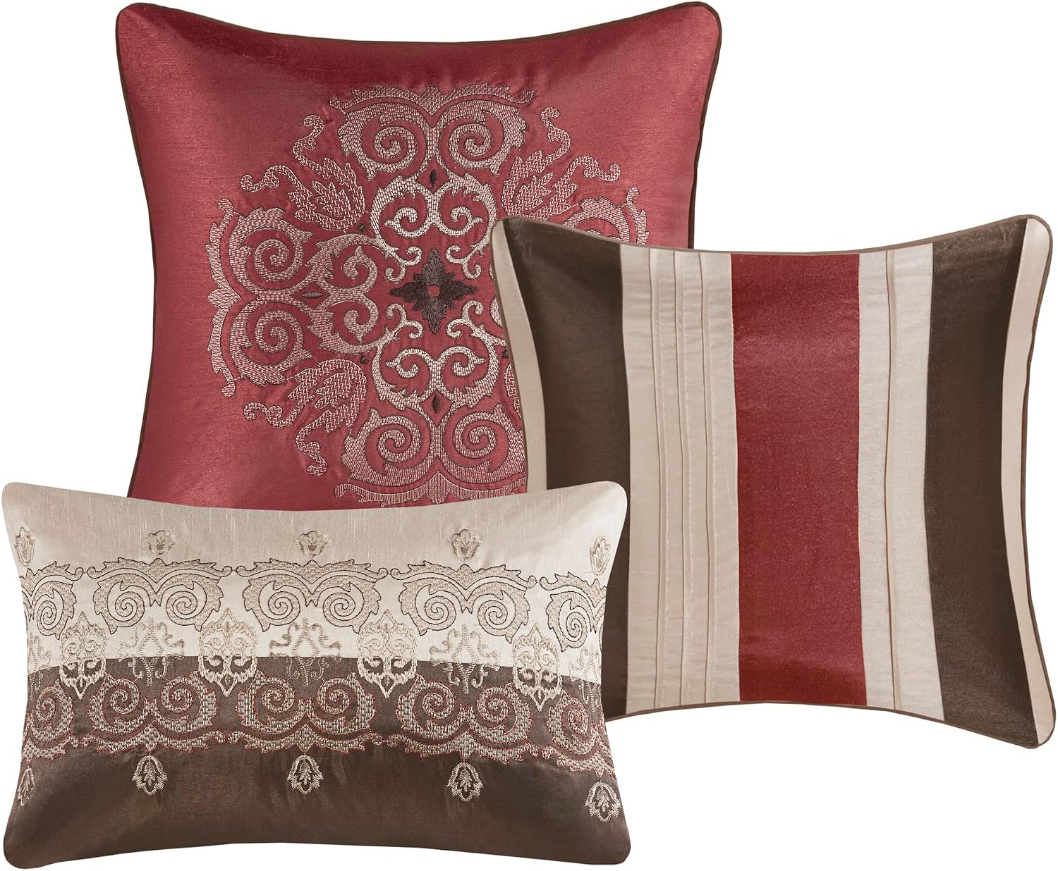 Madison Park Comforter Faux Silk-Traditional Luxurious Jacquard Design All Season Set, Matching Bed Skirt, Decorative Pillows, King(104'x92'), Red 7 Piece