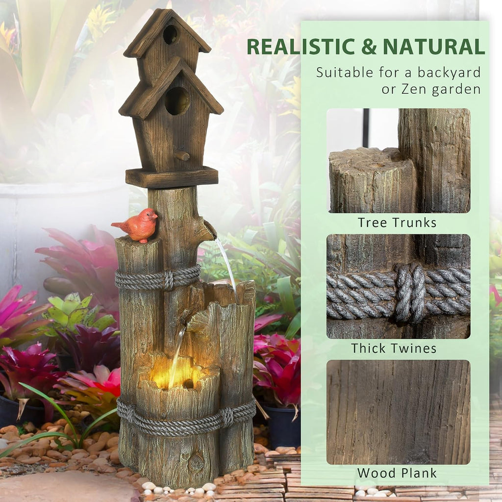 Outsunny Outdoor Fountain with Birdhouse, Cascading Garden Waterfall Bird Bath with 3-Tier Rustic Tree Trunk/Log Design, LED Lights for Porch, Deck, Yard Decor, Brown