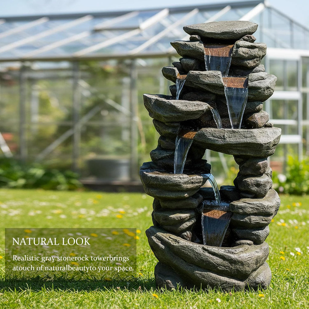 SunJet 60' High Multi-Tiers Cascading Rock Outdoor Water Fountain with LED Lights - Large Outdoor Fountains and Waterfalls for Garden or Patio, Yard, and Deck Decor, Featuring Natural Stone Look