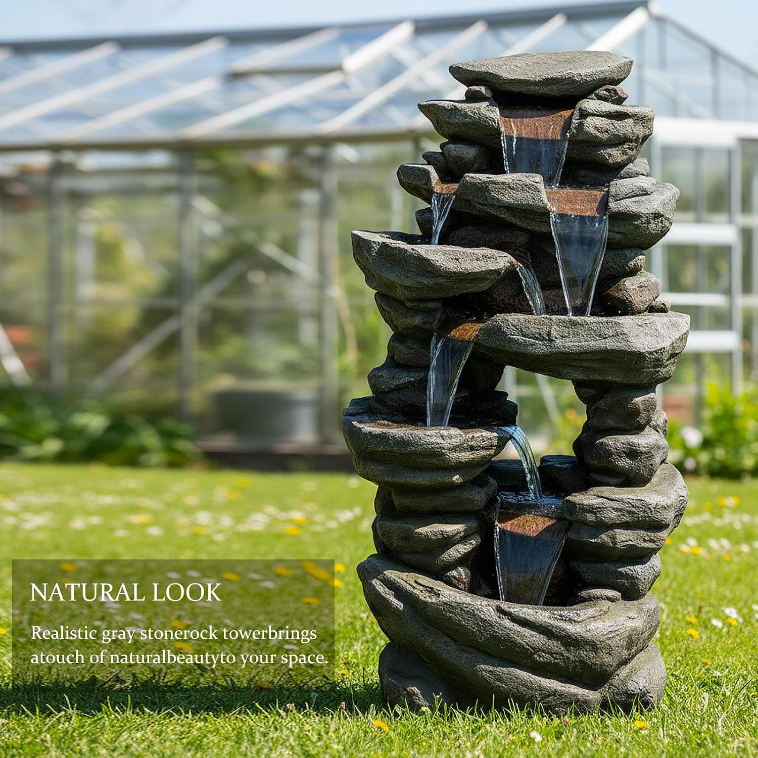 SunJet 60' High Multi-Tiers Cascading Rock Outdoor Water Fountain with LED Lights - Large Outdoor Fountains and Waterfalls for Garden or Patio, Yard, and Deck Decor, Featuring Natural Stone Look