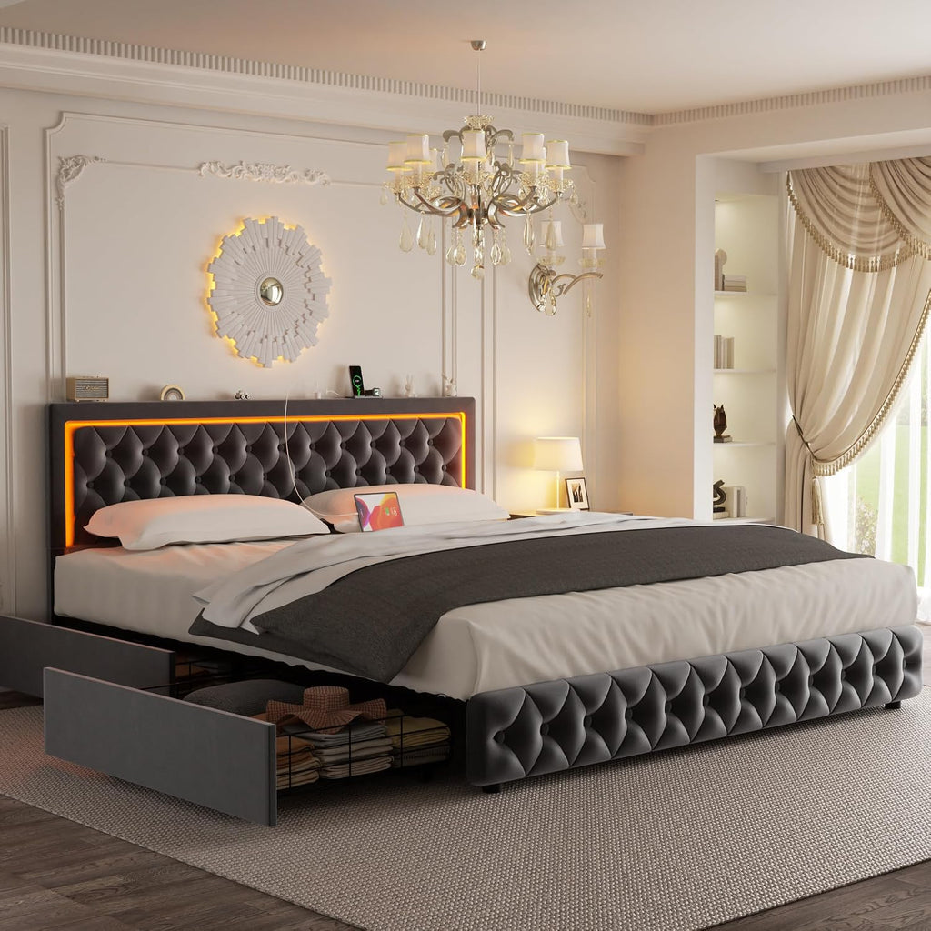 Full Bed Frame with 4 Storage Drawers, Velvet Upholstered Bed Frame Full Size with Charging Station and LED Lights, 46' Adjustable Button Tufted Headboard, No Box Spring Needed, Grey