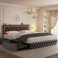 Full Bed Frame with 4 Storage Drawers, Velvet Upholstered Bed Frame Full Size with Charging Station and LED Lights, 46' Adjustable Button Tufted Headboard, No Box Spring Needed, Grey