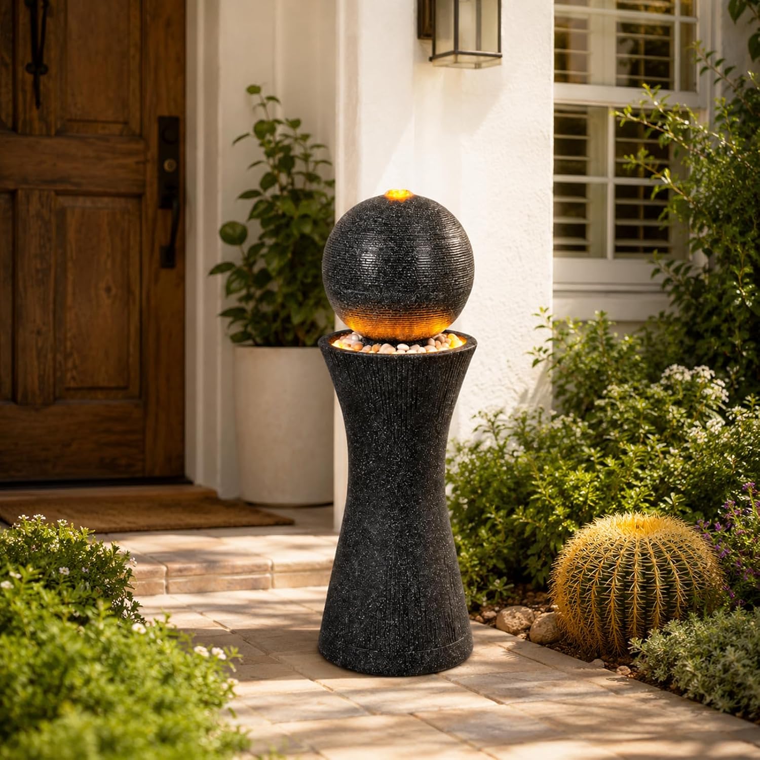 41.73' Tall Sphere Outdoor Water Fountain with LED Light, Modern Black Polyresin Sphere Floor Fountain Outdoor Water Feature with Curved Pedestal for Garden, Patio, Backyard, Porch and Home Art Decor
