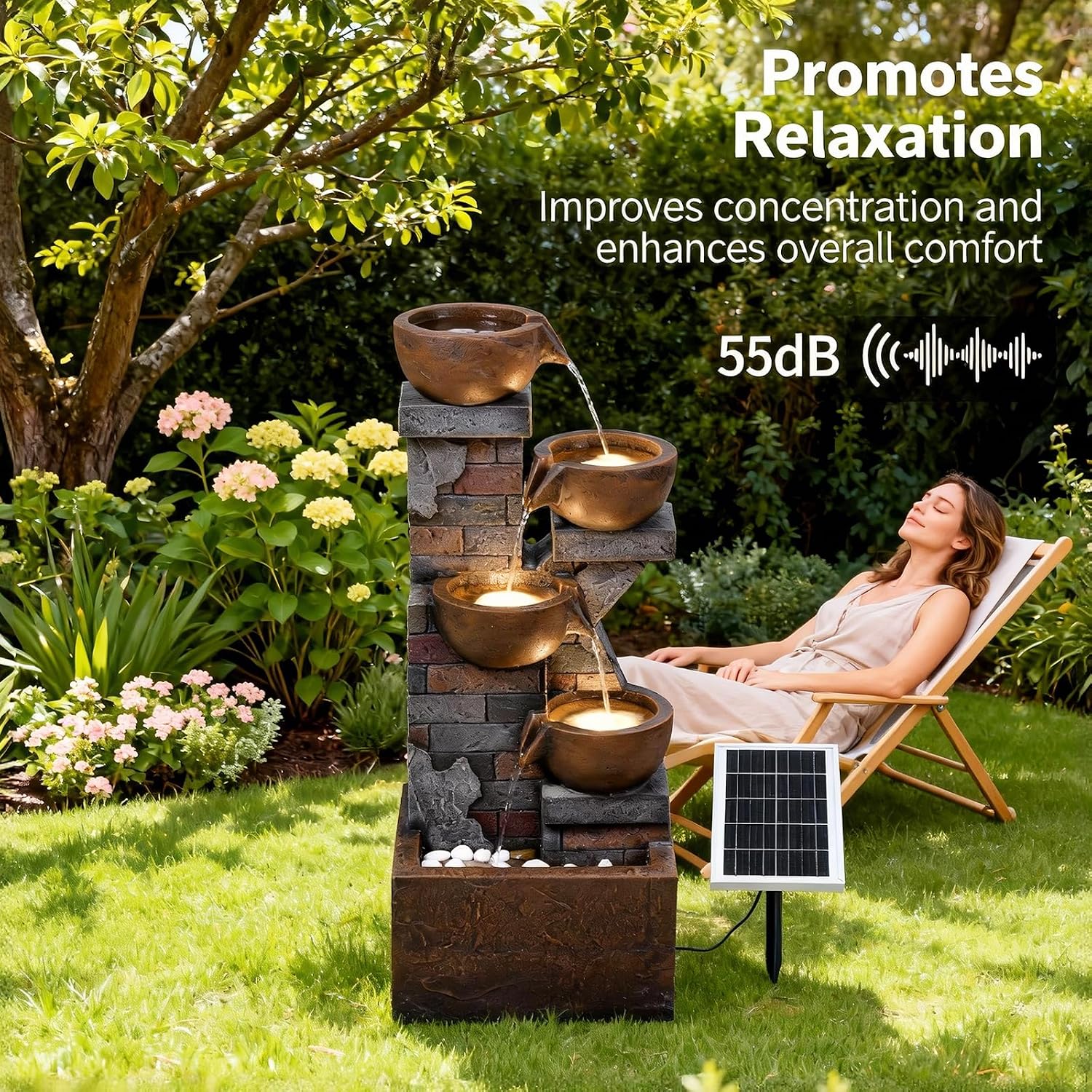 5 Tiers Solar Outdoor Water Fountain - 33.5' H Shape K Indoor Waterfall Fountain with LED Lights for Patio, Balconies, Lawns, Deck, Porch Backyard and Home Art Decor