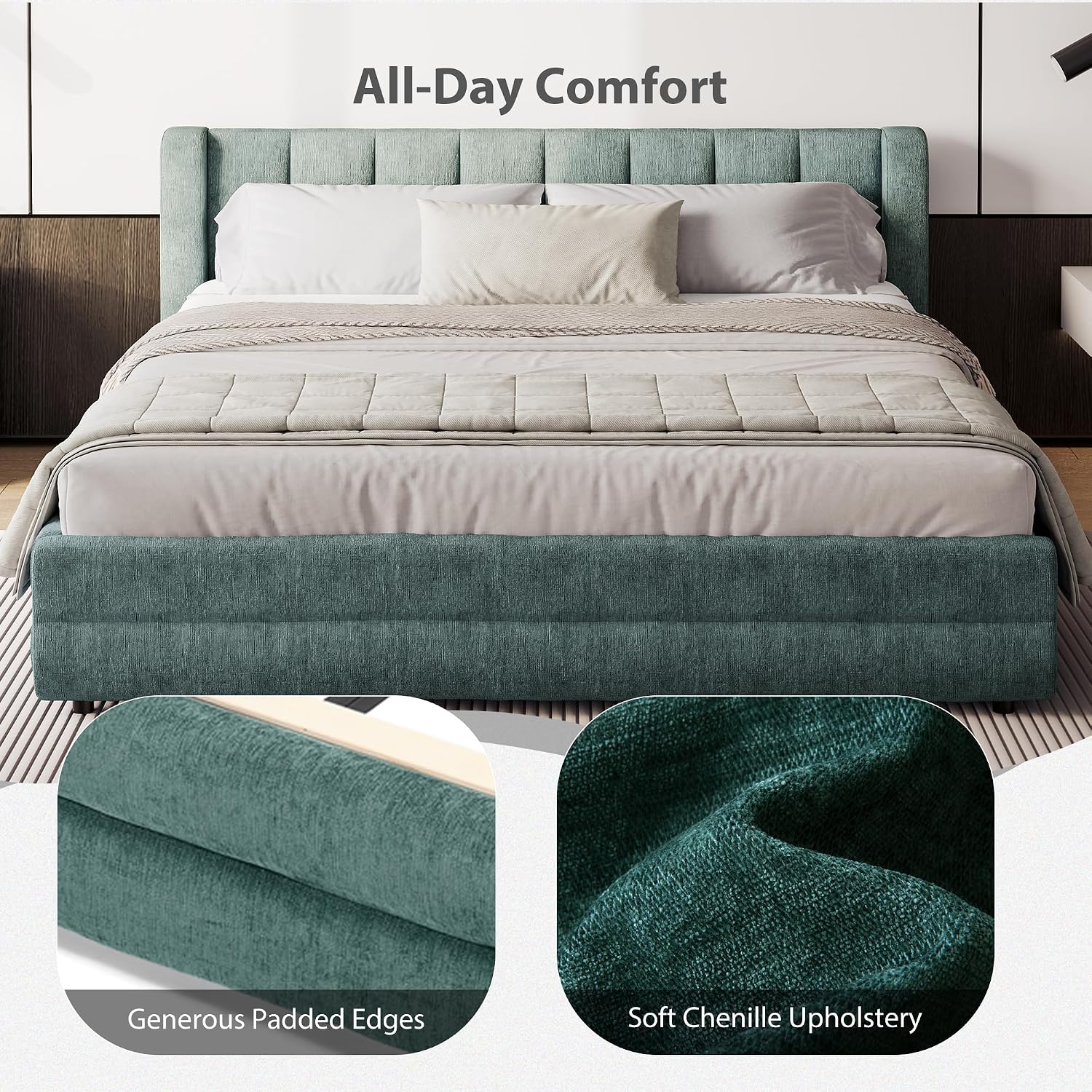 DEINPPA Queen Size Bed Frame with 4 Storage Drawers and Cloud Soft Headboard, Chenille Upholstered Grounded Wood Base Bed Frame, No Box Spring Needed-Blue+Green