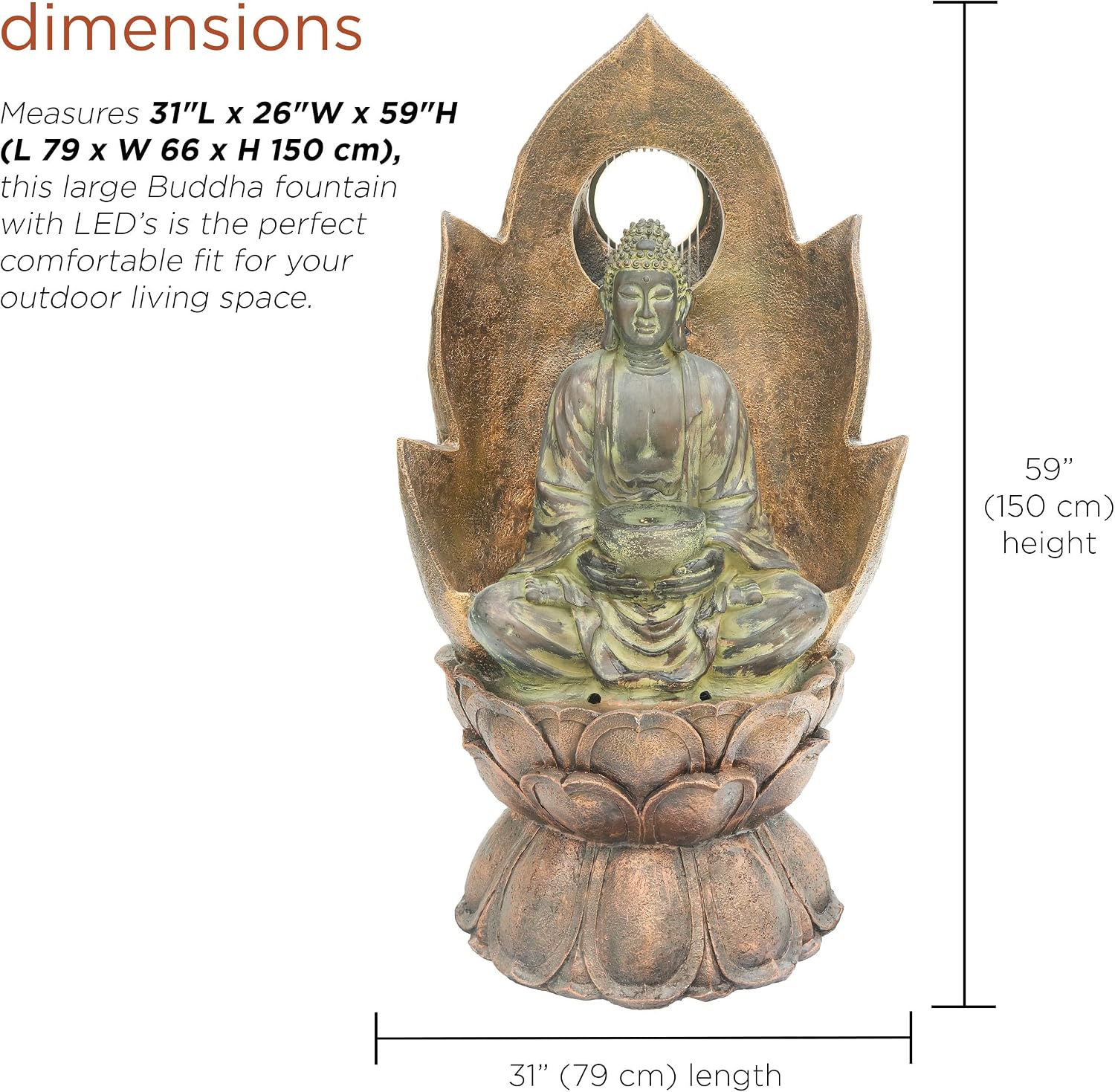 Alpine Corporation 59' Tall Outdoor Buddha Fountain with LED Lights, Elegant Water Feature for Garden, Patio, Yard & Outdoor Spaces, Realistic Stone Look, Calming Waterfall for Relaxation, Brown