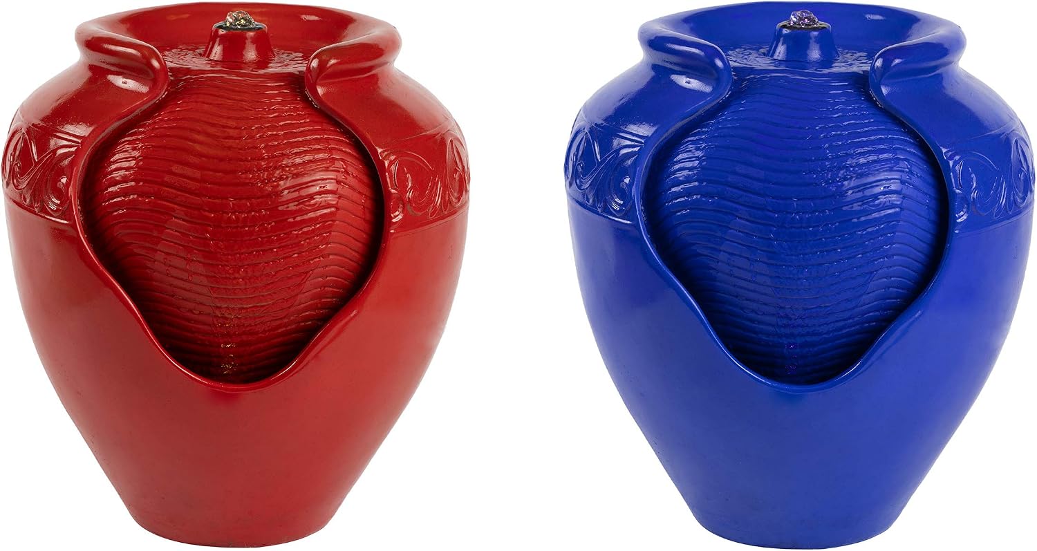 Jar Water Fountain – Indoor or Outdoor Ceramic-Look Glazed Pot Resin Water Feature with Electric Pump and LED Lights by Pure Garden (Cobalt Blue)