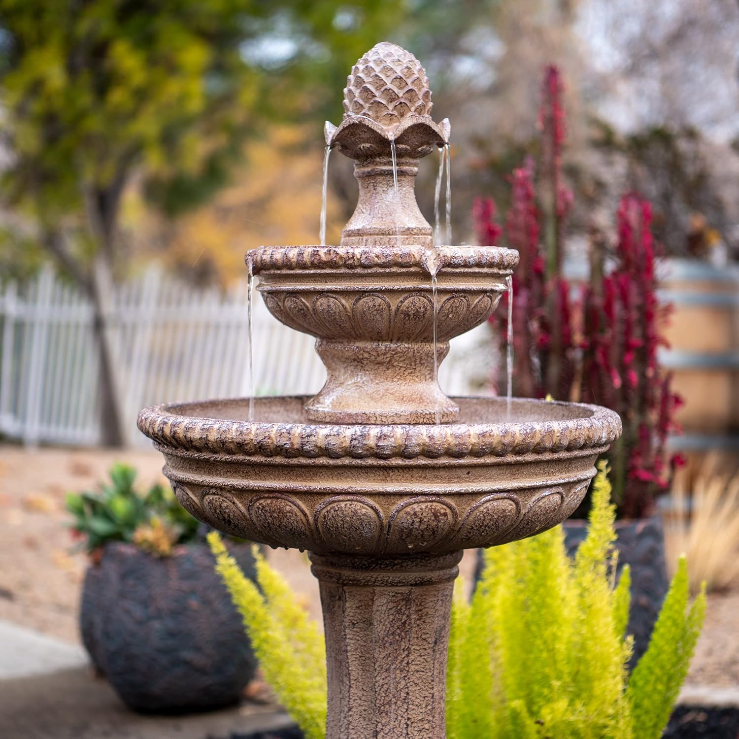 XBrand 39' Solar Water Fountain, 2-Tier Outdoor Sand Stone Resin with Solar Panel & Pump for Home Garden Yard Decor