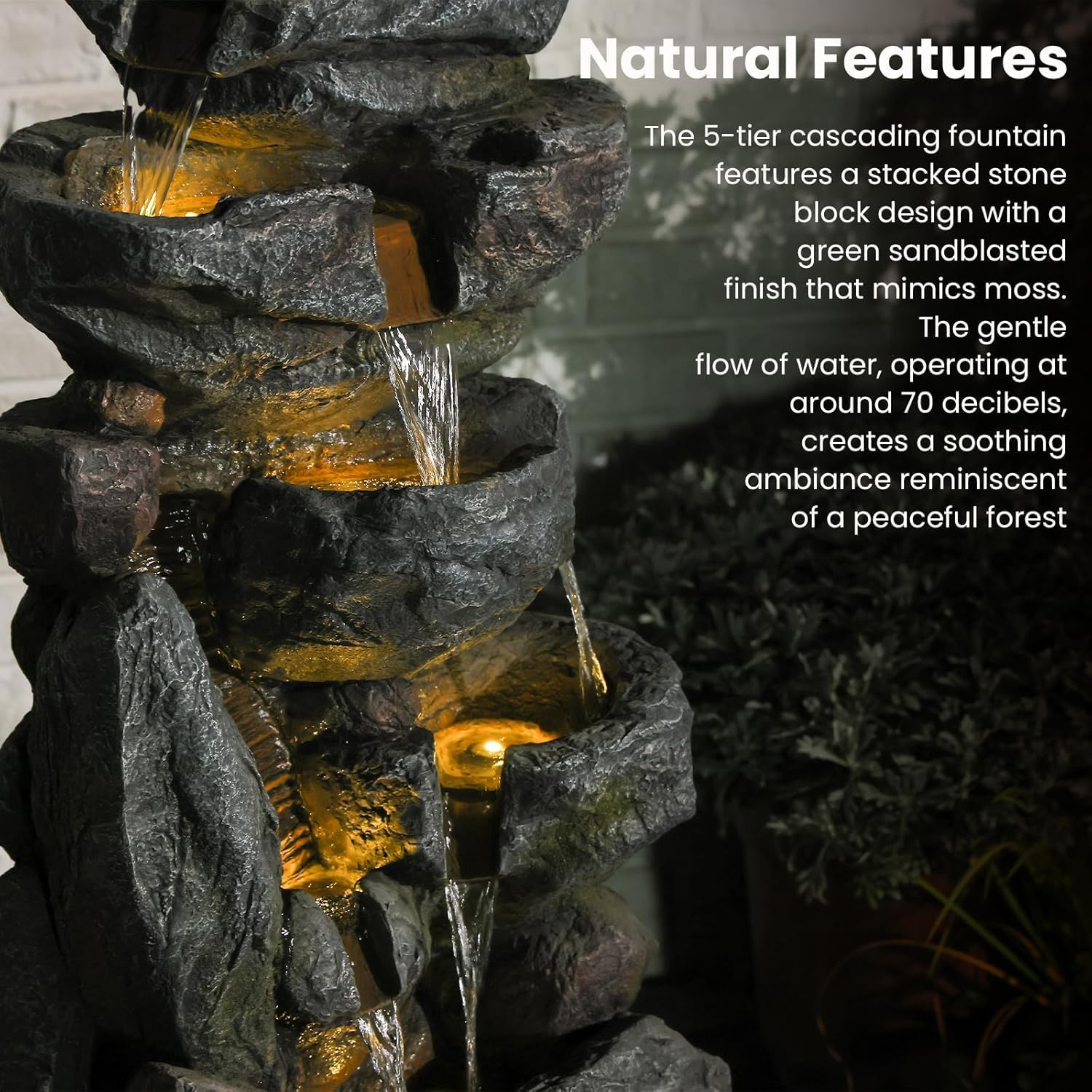Rock Waterfall Fountain Outdoor, 31.5' Tall Resin Garden Water Feature, Cascading Stone Outdoor Fountain for Backyard Patio Yard Décor, Garden Water Fountain