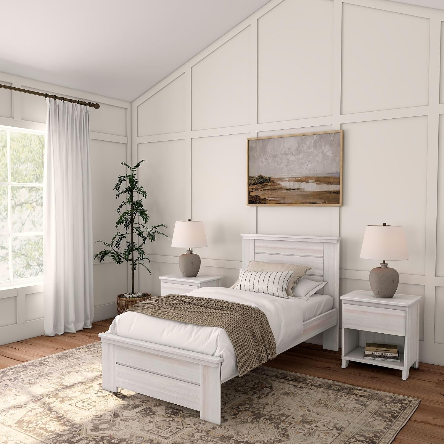 Plank+Beam Rustic Wood Twin Bed Frame, Platform Bed with Headboard, Solid, White Wash
