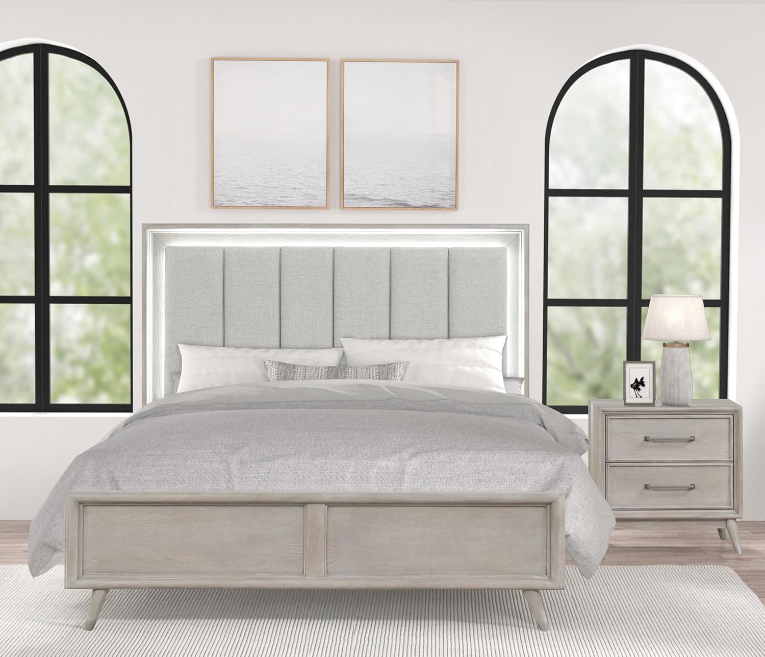 Roundhill Furniture Seluna 5-Piece Bedroom Set with Touch LED Lighting, Gray Oak Finish, King
