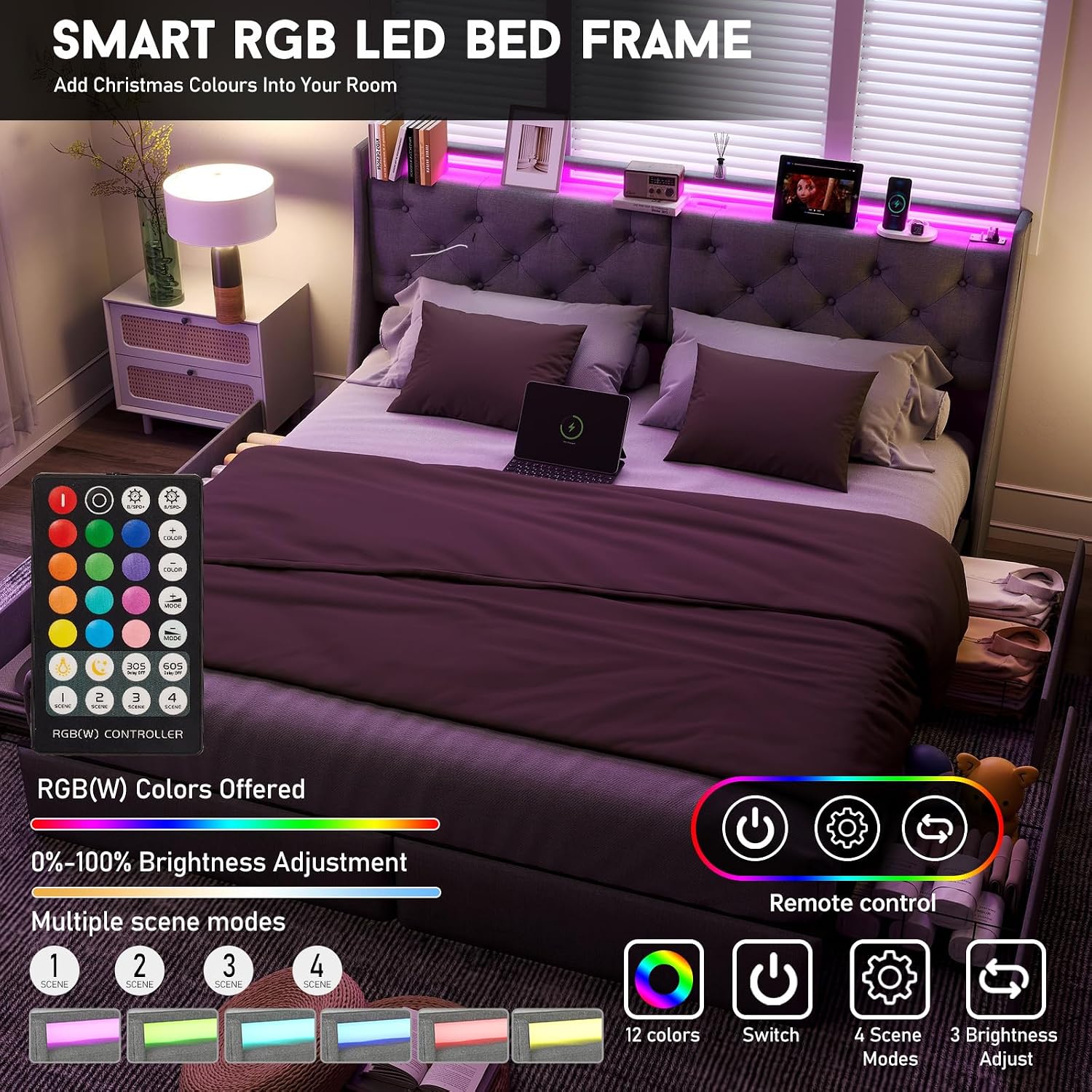 King Size Bed Frame with LED Lights and Charging Station, Upholstered Platform Bed with Storage Headboard and 4 Drawers, Metal Slat Support, Noise-Free, No Box Spring Needed, Easy Assembly, Gray