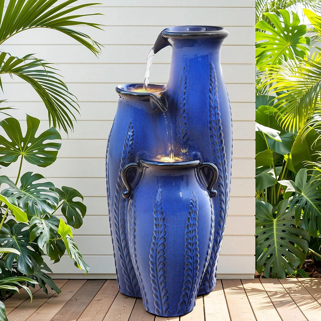 29.5' H Ceramic Outdoor Water Fountain with LED Lights, 3-Tier Vase Cascading Water Feature, Cobalt Blue with Embossed Leaf Patterns, Tranquil Waterfall for Garden, Patio, Yard, or Porch