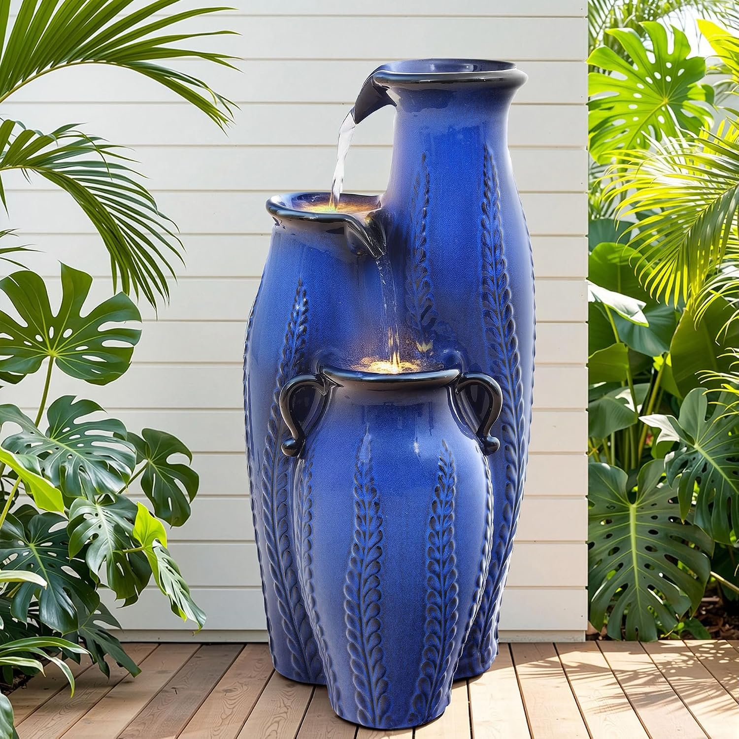 29.5' H Ceramic Outdoor Water Fountain with LED Lights, 3-Tier Vase Cascading Water Feature, Cobalt Blue with Embossed Leaf Patterns, Tranquil Waterfall for Garden, Patio, Yard, or Porch