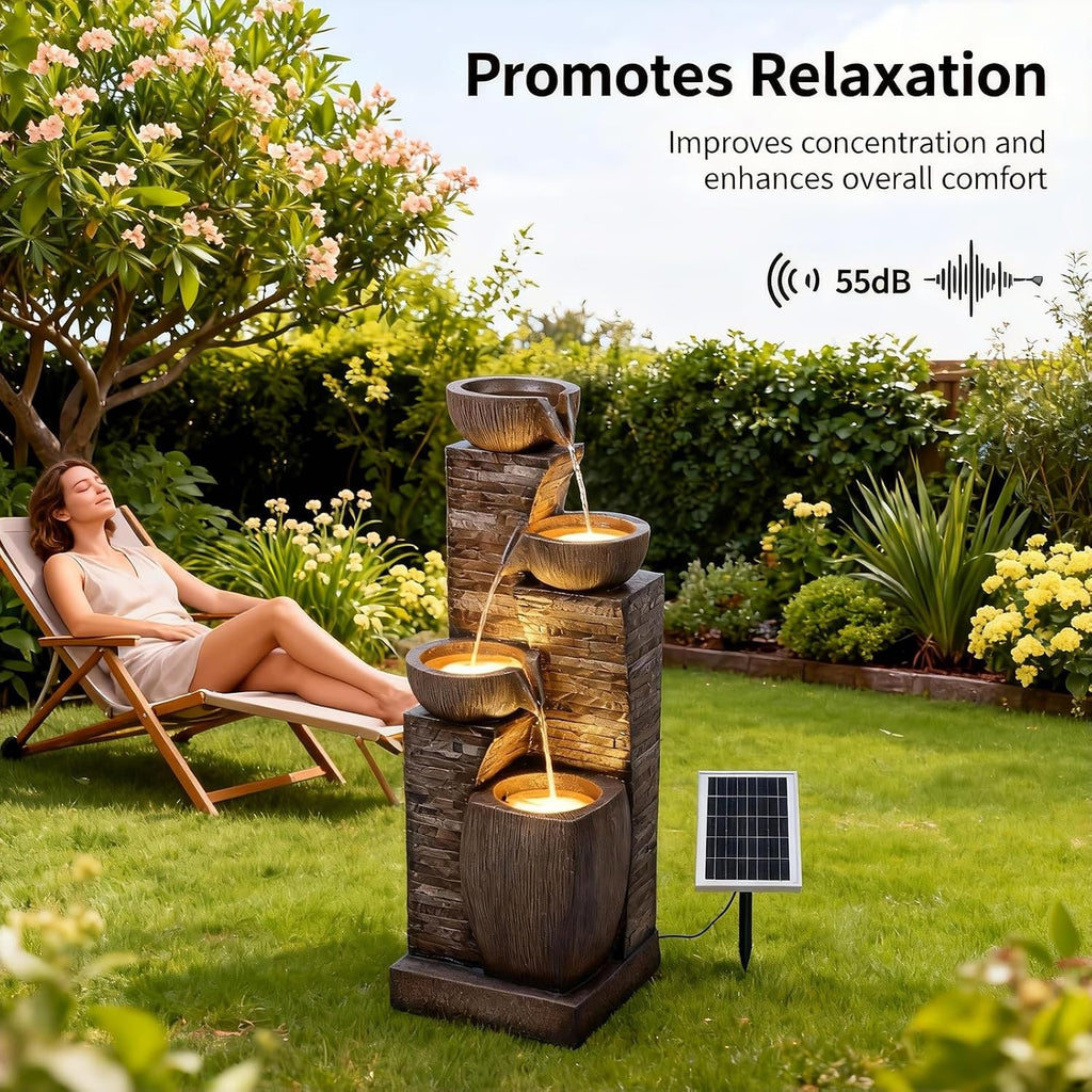 38.2' Tall Solar Water Fountain Outdoor Garden,Stone Texture Modern 4 Tiers Cascading Bowls Garden Fountains Outdoor,Suit for Patio, Deck, Porch, Lawns, Backyard and Home Art Decor
